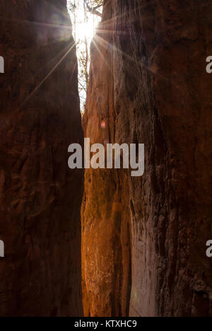 Sonnenstrahl scheint durch den Spalt in der Red lehmige Wand von Providence Canyon im sonnigen Tag, USA Stockfoto