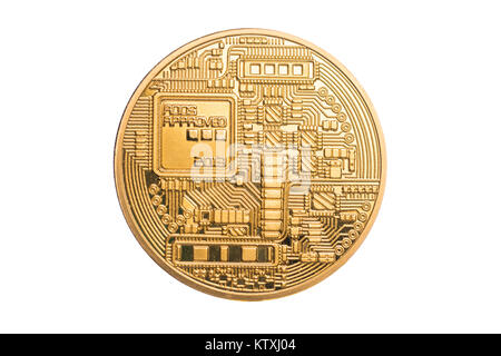Golden bitcoin Rückseite auf weißem Hintergrund Stockfoto