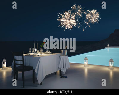 3D-Rendering von Pool Villa mit Champagner. Silvester Stockfoto