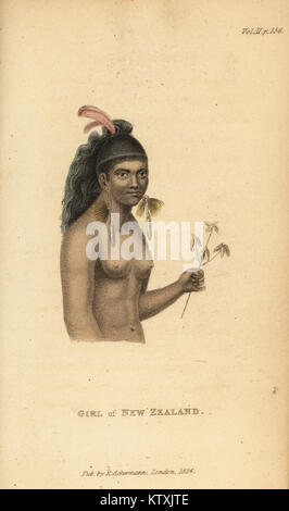 Mädchen von Neuseeland. Maori Mädchen mit Federn im Haar und lange Ohrringe. Papierkörbe Walze Gravur von Frederic Shoberl der Welt in Miniatur, der South Sea Islands, Ackermann, 1824. Nach einer Illustration von Jean Piron von Voyage de La Perouse, 1800. Stockfoto