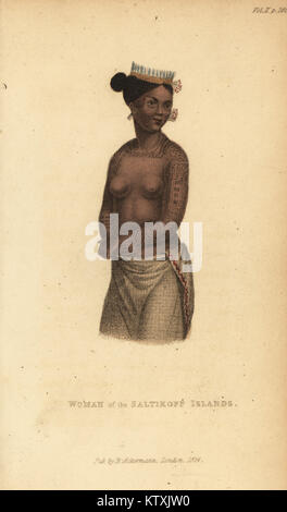 Native Frau aus dem Saltikoff Inseln, Ratak Kette, Marshall Inseln, mit Kopfbedeckung, flower Ohrringe, Tattoos und Sarong. Papierkörbe Walze Gravur von Frederic Shoberl der Welt in Miniatur, der South Sea Islands, Ackermann, 1824. Nach einer Illustration von Ludwig Choris im malerischen Otto von Kotzebue's Reise um die Welt, 1822. Stockfoto