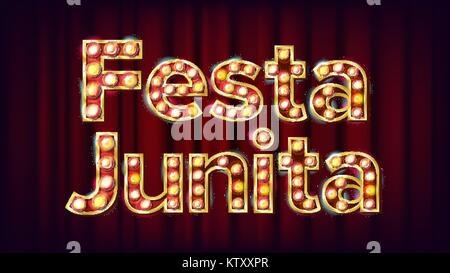 Festa Junina Banner Vektor. Karneval Vintage Golden leuchtet Neon Licht. Für Masquerade Werbung Design. Moderne Abbildung Stock Vektor