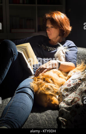 Lesen rothaarige Frau und spaniel Mischling Hund liegen bequem auf dem Sofa vor dem Bücherregal im Wohnzimmer im Licht einer Lampe Stockfoto