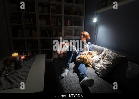 Lesen rothaarige Frau und spaniel Mischling Hund liegen bequem auf dem Sofa vor dem Bücherregal im Wohnzimmer im Licht einer Lampe Stockfoto