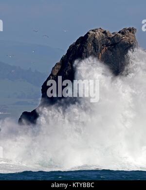 Wellen stürzt gegen die Felsen an der Küste des Piedras Blancas Licht Station hervorragenden natürlichen Bereich April 8, 2017 in der Nähe von San Simeon, Kalifornien. Stockfoto