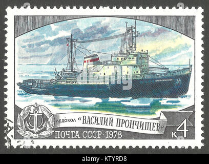 Udssr - Stempel 1978: Color Edition auf sowjetischen Inland icebreaking Flotte, zeigt Icebreaker Vasili Pronchishchev Stockfoto