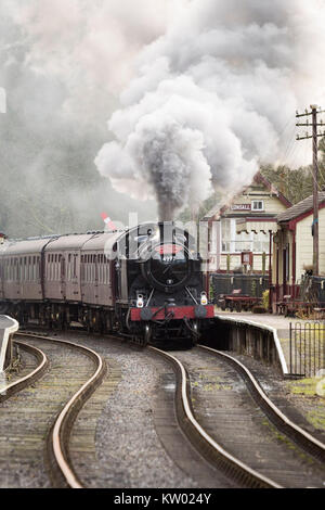 Ein Dampfzug auf der Churnet Valley Railway in der Nähe von consall Station. Stockfoto