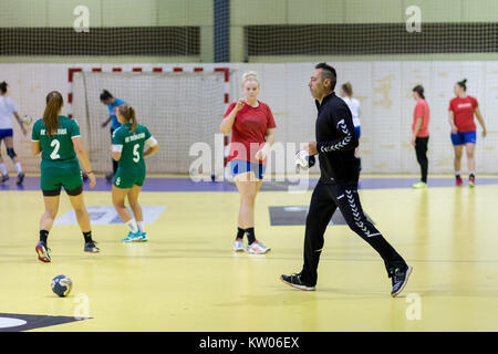 ZAGREB, KROATIEN - 16. SEPTEMBER 2017: 1. Kroatischen Handball Liga Frau. Miran Ognjenovic Trainer Stockfoto