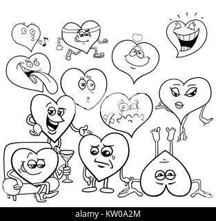 Schwarze und Weiße Cartoon Illustration der Valentinstag Herzen Zeichen Gruppe Malbuch Stock Vektor