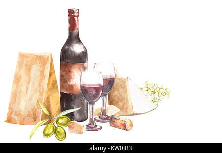 Flaschen und Gläser Wein und Blätter von Trauben, isoliert auf Weiss. Parmesan Käse und Oliven. Hand aquarell Abbildung gezeichnet. Banner von Wein v Stockfoto