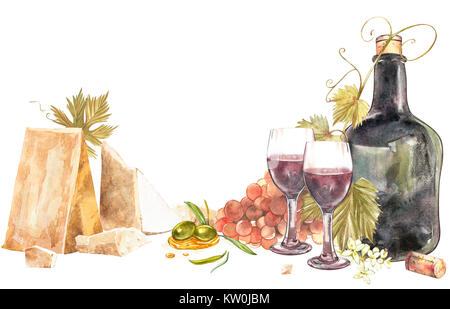 Flaschen und Gläser Wein und Blätter von Trauben, isoliert auf Weiss. Parmesan Käse und Oliven. Hand aquarell Abbildung gezeichnet. Banner von Wein v Stockfoto