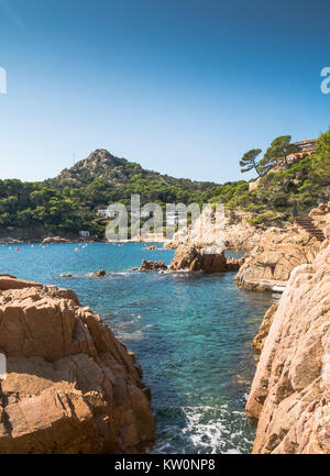 Blick auf einen Teil der zerklüfteten Küste der Costa Brava, an Aigua Blava, in Spanien Stockfoto