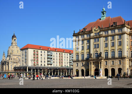 Dresden, Haus Alter Markt und Kirche Unserer Lieben Frau, Haus Altmarkt und Frauenkirche Stockfoto