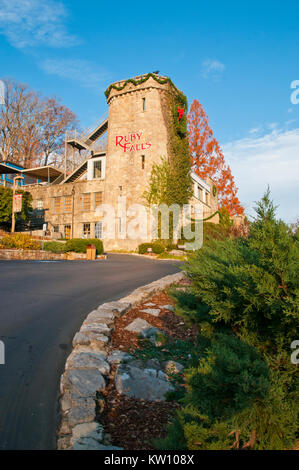 Den Lookout Mountain Tower bietet einen herrlichen Blick auf den Tennessee River Gorge und Downtown Chattanooga. Stockfoto