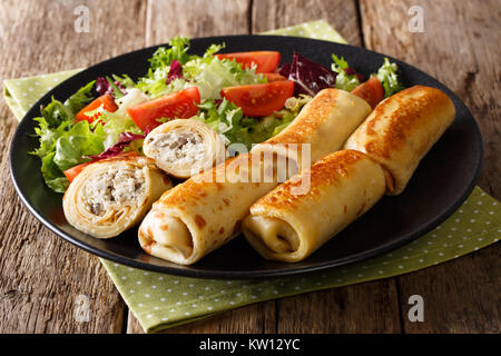 Pfannkuchen mit Huhn und Pilzen und frisches Gemüse Salat auf einen Teller close-up. Horizontale Stockfoto