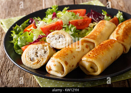 Crepes gefüllt mit Huhn und Pilzen und frisches Gemüse Salat auf einen Teller close-up. Horizontale Stockfoto