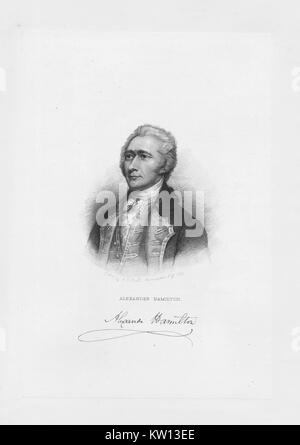 Eine radierung von einem Porträt von Alexander Hamilton, er war einer der Gründerväter der Vereinigten Staaten von Amerika, als Chief personal Berater von George Washington während des Amerikanischen Unabhängigkeitskrieges und war der erste Außenminister der Vereinigten Staaten die Schatzkammer, die radierung verfügt über eine Reproduktion von Hamilton's Signatur, 1872. Von der New York Public Library. Stockfoto