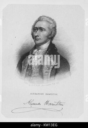 Eine radierung von einem Porträt von Alexander Hamilton, er war einer der Gründerväter der Vereinigten Staaten von Amerika, als Chief personal Berater von George Washington während des Amerikanischen Unabhängigkeitskrieges und war der erste Außenminister der Vereinigten Staaten die Schatzkammer, die radierung verfügt über eine Reproduktion von Hamilton's Signatur, 1876. Von der New York Public Library. Stockfoto