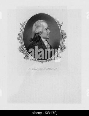 Eine radierung von einem Porträt von Alexander Hamilton, er war einer der Gründerväter der Vereinigten Staaten von Amerika, als Chief personal Berater von George Washington während des Amerikanischen Unabhängigkeitskrieges und war der erste Außenminister der Vereinigten Staaten die Schatzkammer, 1881. Von der New York Public Library. Stockfoto