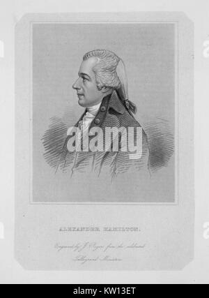 Eine radierung von einem Porträt von Alexander Hamilton, er war einer der Gründerväter der Vereinigten Staaten von Amerika, als Chief personal Berater von George Washington während des Amerikanischen Unabhängigkeitskrieges und war der erste Außenminister der Vereinigten Staaten die Schatzkammer, 1846. Von der New York Public Library. Stockfoto