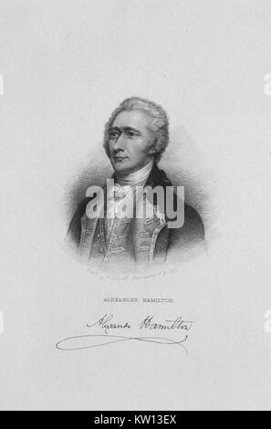 Eine radierung von einem Porträt von Alexander Hamilton, er war einer der Gründerväter der Vereinigten Staaten von Amerika, als Chief personal Berater von George Washington während des Amerikanischen Unabhängigkeitskrieges und war der erste Außenminister der Vereinigten Staaten die Schatzkammer, die radierung verfügt über eine Reproduktion von Hamilton's Signatur, 1846. Von der New York Public Library. Stockfoto