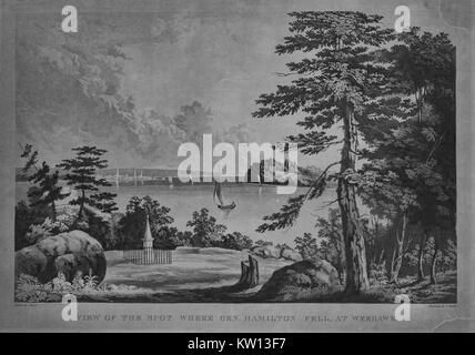 Einen farbigen Radierung von einer Landschaft Gemälde von dem Duell zwischen Alexander Hamilton und Aaron Burr, Hamilton war einer der Gründungsväter und der ehemalige Außenminister der Vereinigten Staaten die Schatzkammer, Aaron Burr war Politiker und Vizepräsident der Vereinigten Staaten, Hamilton und Grat hatte seit langem erbitterten Rivalität, die mit einem Duell, in denen Hamilton tödlich verwundet war, ein kleines Denkmal Statue in der Landschaft, Weehawken, New Jersey, 1830 sichtbar ist. Von der New York Public Library. Stockfoto