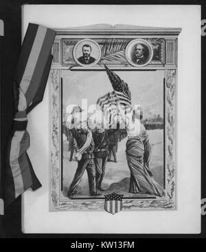 Ein Foto von einem Bild für ein Bankett auf der 34. Jahrestag der Appomattox Tag produziert, das Bild bietet Amerikanische Bürgerkrieg zahlen ihre Hüte entfernen, wie sie vor der Freiheitsstatue stehen winken eine amerikanische Flagge, das Bankett von einem Republikanischen Club in Chicago als die Hamilton Club, einem roten, weißen und blauen Band bekannt wurde neben der Bild, 1899 erscheint. Von der New York Public Library. Stockfoto