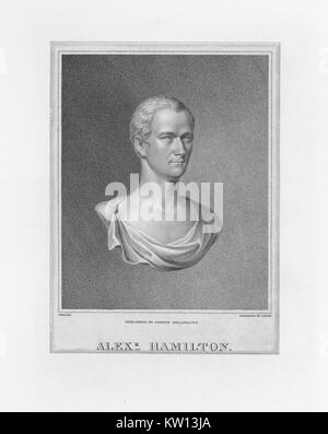 Einer Gravur einer Büste von Alexander Hamilton, er war einer der Gründerväter der Vereinigten Staaten von Amerika, als Chief personal Berater von George Washington während des Amerikanischen Unabhängigkeitskrieges und war der erste Außenminister der Vereinigten Staaten die Schatzkammer, 1820. Von der New York Public Library. Stockfoto