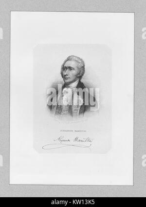 Eine radierung von einem Porträt von Alexander Hamilton, er war einer der Gründerväter der Vereinigten Staaten von Amerika, als Chief personal Berater von George Washington während des Amerikanischen Unabhängigkeitskrieges und war der erste Außenminister der Vereinigten Staaten die Schatzkammer, das Bild verfügt über eine Reproduktion von Hamilton's Signatur, 1835. Von der New York Public Library. Stockfoto