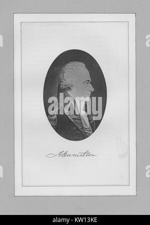 Eine radierung von einem Porträt von Alexander Hamilton, er war einer der Gründerväter der Vereinigten Staaten von Amerika, als Chief personal Berater von George Washington während des Amerikanischen Unabhängigkeitskrieges und war der erste Außenminister der Vereinigten Staaten die Schatzkammer, 1846. Von der New York Public Library. Stockfoto