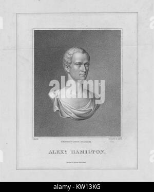 Einer Gravur einer Büste von Alexander Hamilton, er war einer der Gründerväter der Vereinigten Staaten von Amerika, als Chief personal Berater von George Washington während des Amerikanischen Unabhängigkeitskrieges und war der erste Außenminister der Vereinigten Staaten die Schatzkammer, 1843. Von der New York Public Library. Stockfoto