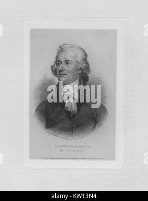 Eine radierung von einem Porträt von Alexander Hamilton, er war einer der Gründerväter der Vereinigten Staaten von Amerika, als Chief personal Berater von George Washington während des Amerikanischen Unabhängigkeitskrieges und war der erste Außenminister der Vereinigten Staaten die Schatzkammer, die Jahre der Hamilton's Geburt und Tod sind unter seinem Portrait, 1846. Von der New York Public Library. Stockfoto