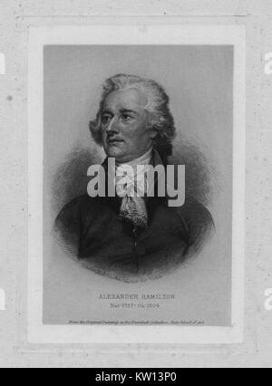 Eine radierung von einem Porträt von Alexander Hamilton, er war einer der Gründerväter der Vereinigten Staaten von Amerika, als Chief personal Berater von George Washington während des Amerikanischen Unabhängigkeitskrieges und war der erste Außenminister der Vereinigten Staaten die Schatzkammer, die Jahre der Hamilton's Geburt und Tod sind unter seinem Portrait, 1836. Von der New York Public Library. Stockfoto