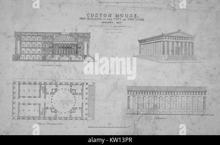 Ein Bild, das Funktionen Diagramme der Alexander Hamilton US-Custom House, das Gebäude durch die Bundesregierung verpflichtet, Sammlungen für den Hafen von New York zu handhaben konstruiert wurde, die Bilder wurden erstellt, um Entwürfe für das Gebäude zeigen, während es derzeit im Bau, New York, New York, 1837. Von der New York Public Library. Stockfoto