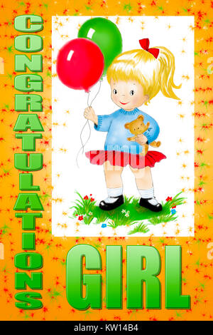 Cute Cartoon Mädchen mit Ballons im Gras Stockfoto