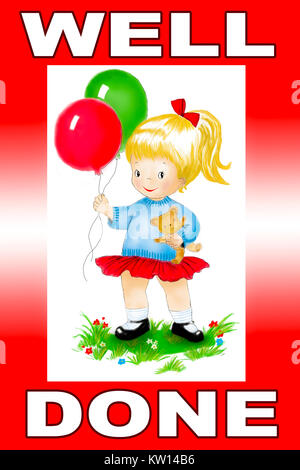 Cute Cartoon Mädchen mit Ballons im Gras Stockfoto