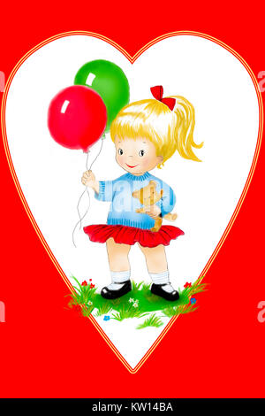 Cute Cartoon Mädchen mit Ballons im Gras Stockfoto