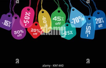 Bunte Preis tags oder Etiketten mit verschiedenen string binden auf schwarzem Hintergrund Stock Vektor