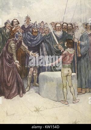 Abbildung: König Arthur mit Excalibur, mit original Bildunterschrift lesen' Er stand dort halten, das magische Schwert in seiner Hand', 1900. Von der New York Public Library. Stockfoto