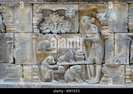 Detail der Buddhistischen geschnitzte Relief in Borobudur Tempel in Yogyakarta, Java, Indonesien. Stockfoto