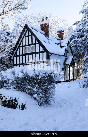 Schwere Schneefälle im Dezember 2017 in Acton Burnell, Shropshire, links Eigenschaften auf der Suche sehr malerisch und Christmasy. Stockfoto