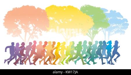 Menge junger Menschen läuft. Bunte Bäume im Hintergrund. Stock Vektor