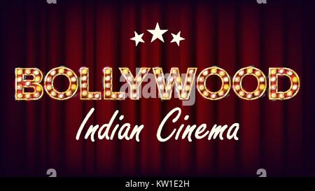 Bollywood Indisches Kino Banner Vektor. Vintage Cinema 3D leuchtende Element. Für Kinematografie Werbung Design. Retro Abbildung Stock Vektor