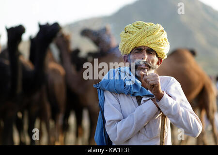 Ein Kamel Händler mit seiner Herde während der jährlichen Pushkar Camel Fair, Pushkar, Rajasthan, Indien Stockfoto