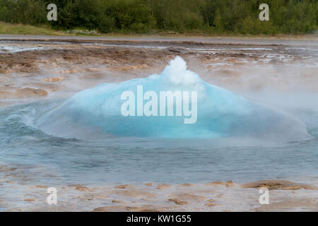 Strokkur, der größte Aktive geysir Islands, dem Augenblick vor einem beeindruckenden Eruption, ohne Touristen warten, Golden Circle. Stockfoto