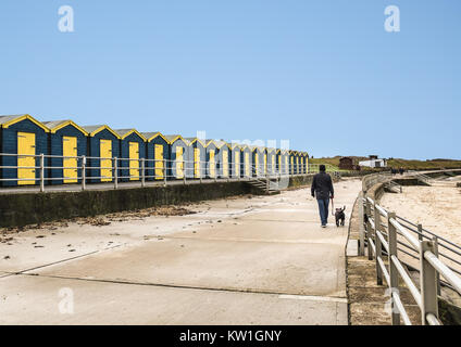 Eine Reihe von Holz- Blau und Gelb Holzhütten am Minnis Bay, Thanet, Kent Großbritannien auf einer Promenade in der Nähe eines sany Strand. Ein Mann seinen Hund an der Leine. Stockfoto