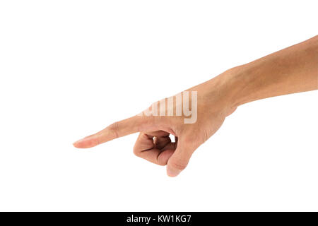 Hand nach unten zeigenden Finger auf weißem Hintergrund mit Freistellungspfad isoliert. Körpersprache. Hand Geste. Stockfoto