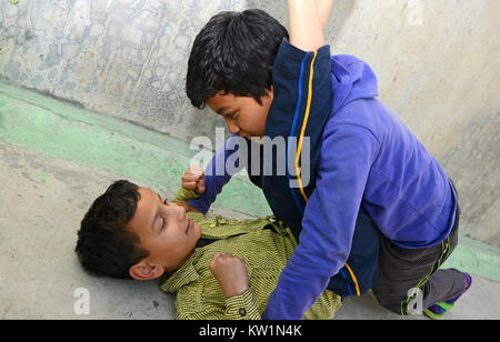 Zwei verärgerte Brüder kämpfen gegenseitig Stockfoto