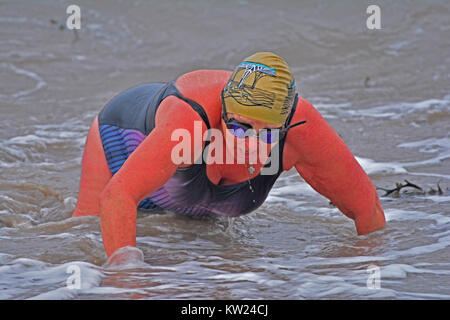 Clevedon, VEREINIGTES KÖNIGREICH. 30. Dezember, 2017. UK Wetter. In einer kalten, stürmischen am späten Nachmittag nur die mutigen Klettern im Herbst in die oder aus dem Meer in Clevedon, North Somerset klettern. Robert Timoney/Alamy leben Nachrichten Stockfoto