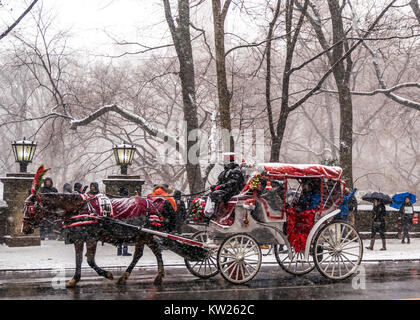 New York, USA, 30. Dez. 2017. Horse-Drawn Wagen tragen Touristen througn New Yorker Central Park South trotz eines schweren Schneesturm. Foto von Enrique Ufer/Alamy leben Nachrichten Stockfoto